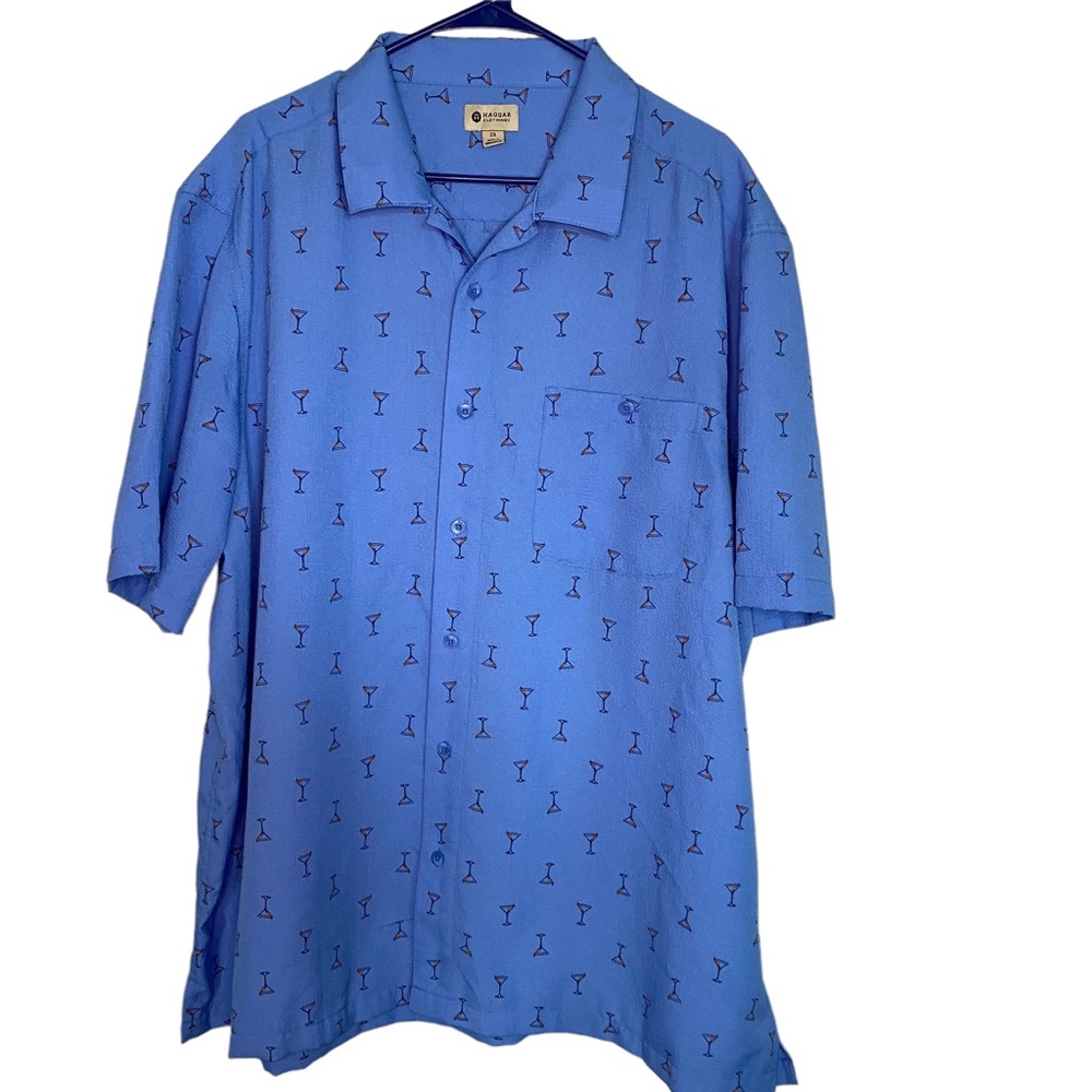 Men's Blue Short-Sleeve Button-Up Shirt with Cocktail Print